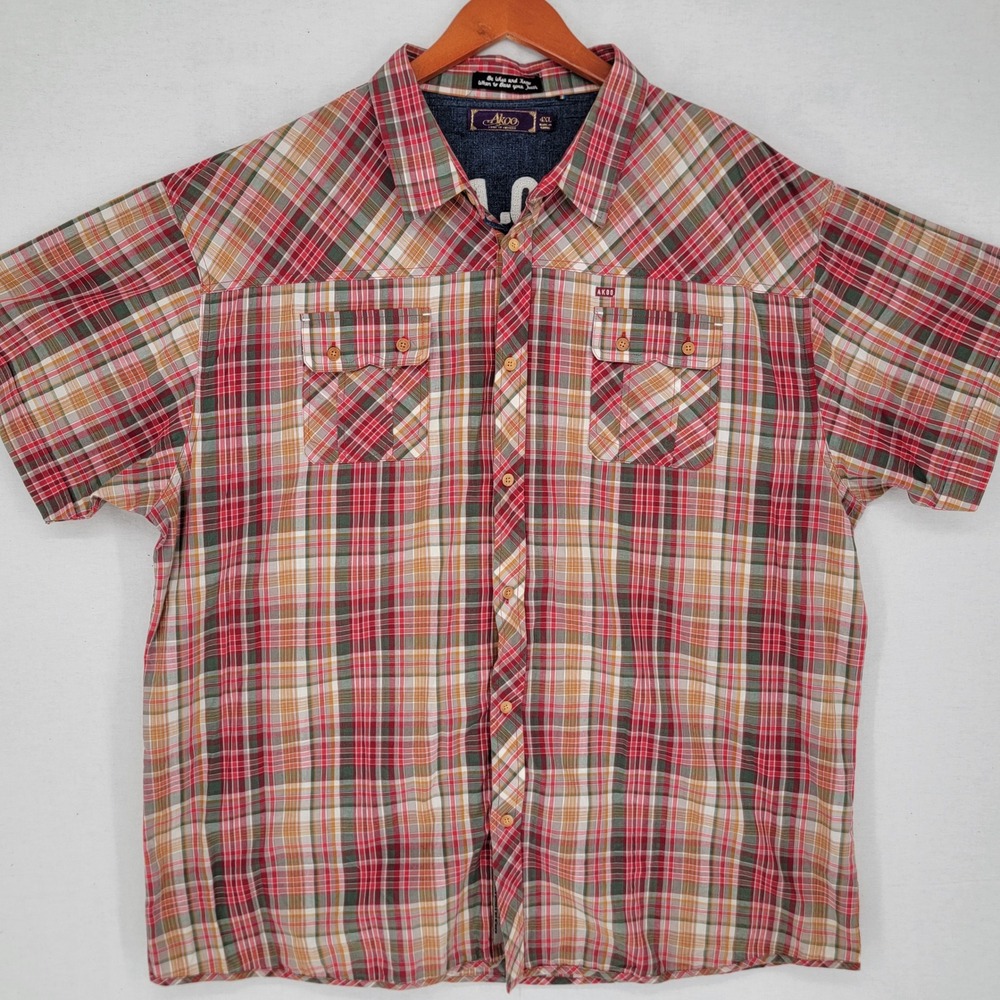 Akoo Mens 4XL Short Sleeve Button Down Plaid Shirt Red Green Graphic Back Logo